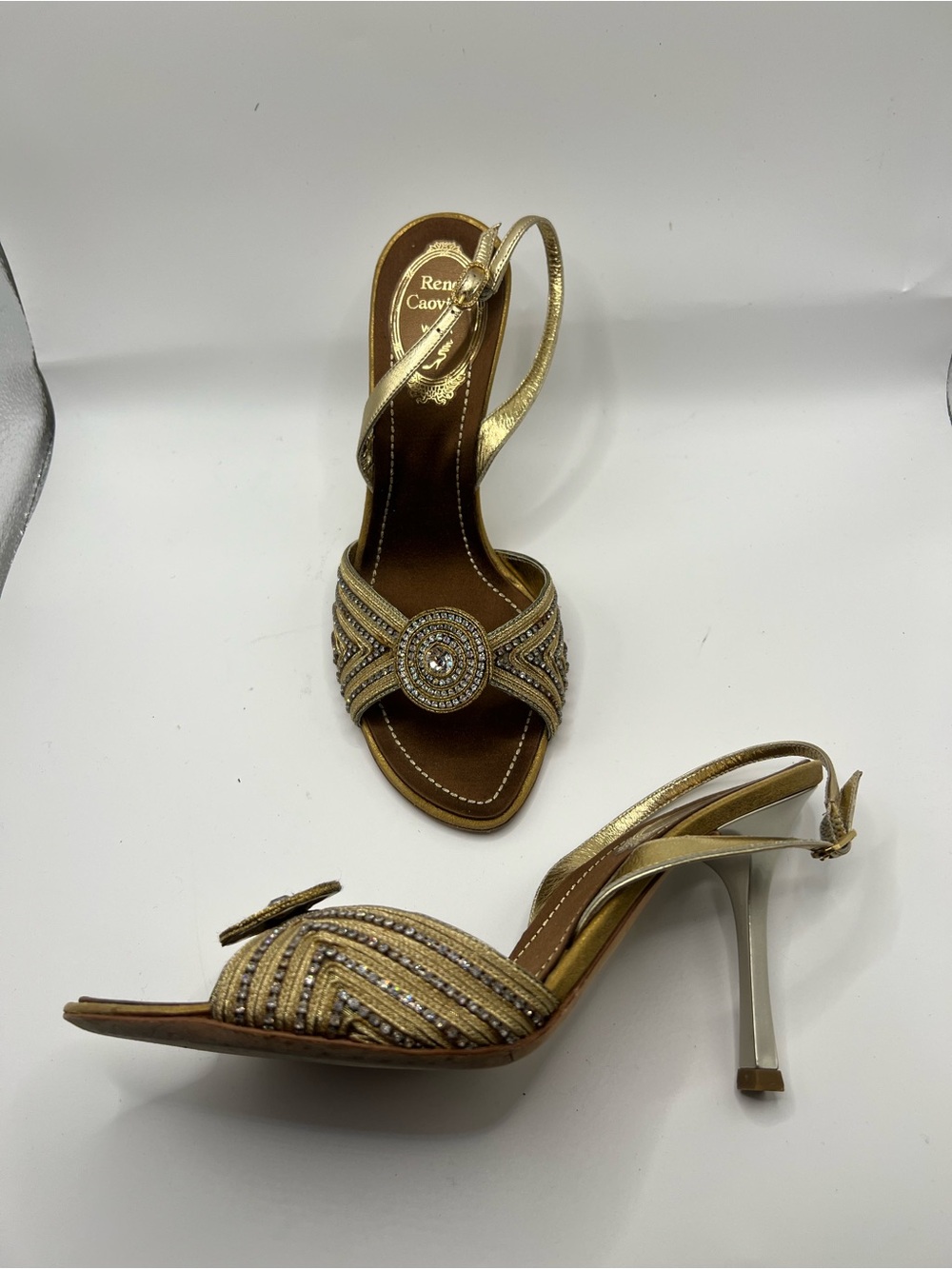 Rene Caovilla Gold Crystal Medallion Slingback Heels - Picture 9 of 15